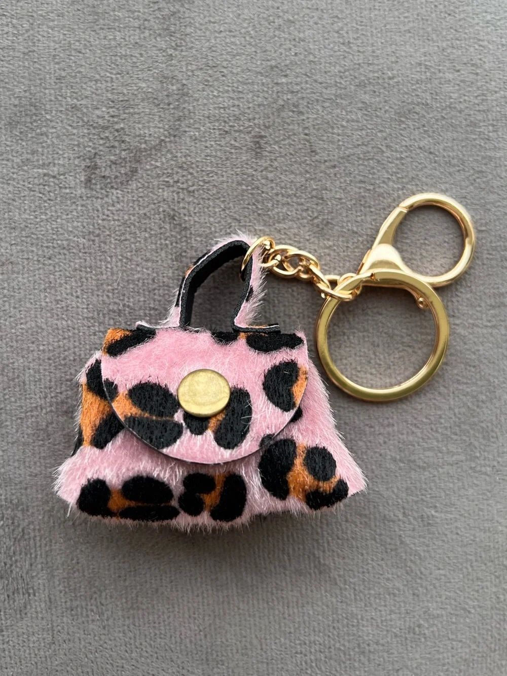 Pink Leopard Print Faux Fur Mini Bag Keychain